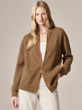 J. Crew Full Zip Flight Sweater Jacket Lambswool Blend Bomber Cardigan Brown